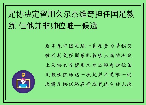 足协决定留用久尔杰维奇担任国足教练 但他并非帅位唯一候选