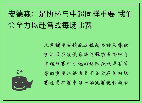 安德森：足协杯与中超同样重要 我们会全力以赴备战每场比赛