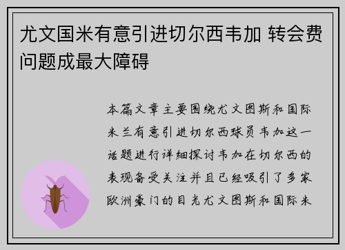 尤文国米有意引进切尔西韦加 转会费问题成最大障碍